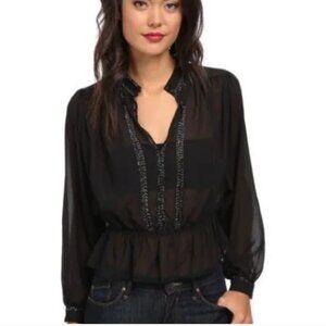 Free People Black beaded long sleeve Sheer Blouse Size Large